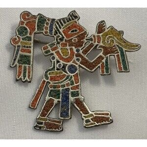 Vintage Mexico Sterling Silver Aztec Mayan Priest Enamel Pendant-Pin 10.3 g